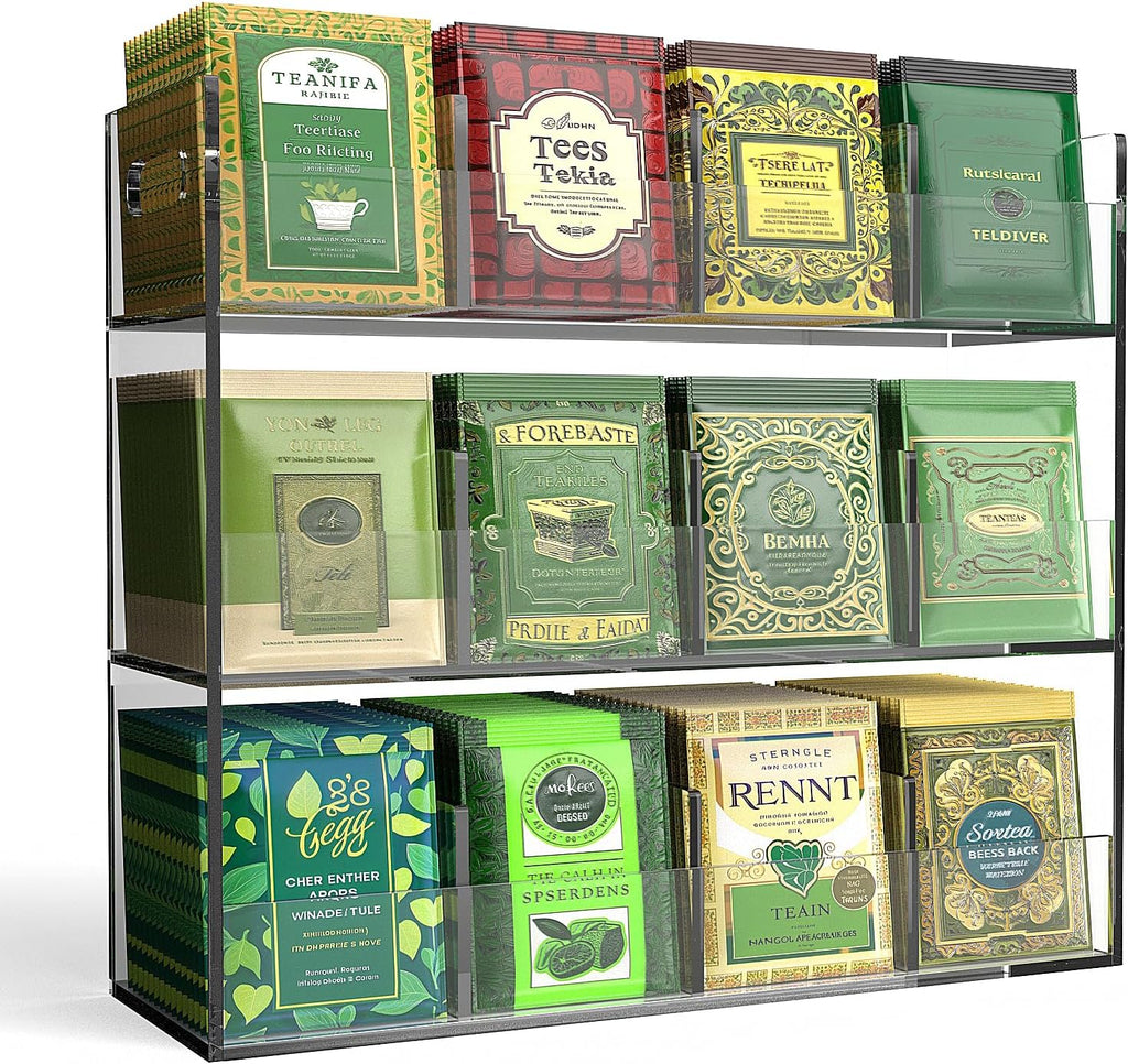 Jumyee 3-Tier Acrylic Tea Bag Organizer Holder, No Assembly Required, Portable Tea Organizers and Storage, Vertical Tea Organizer Counter, Coffee & Tea Station Display Rack for Home Office