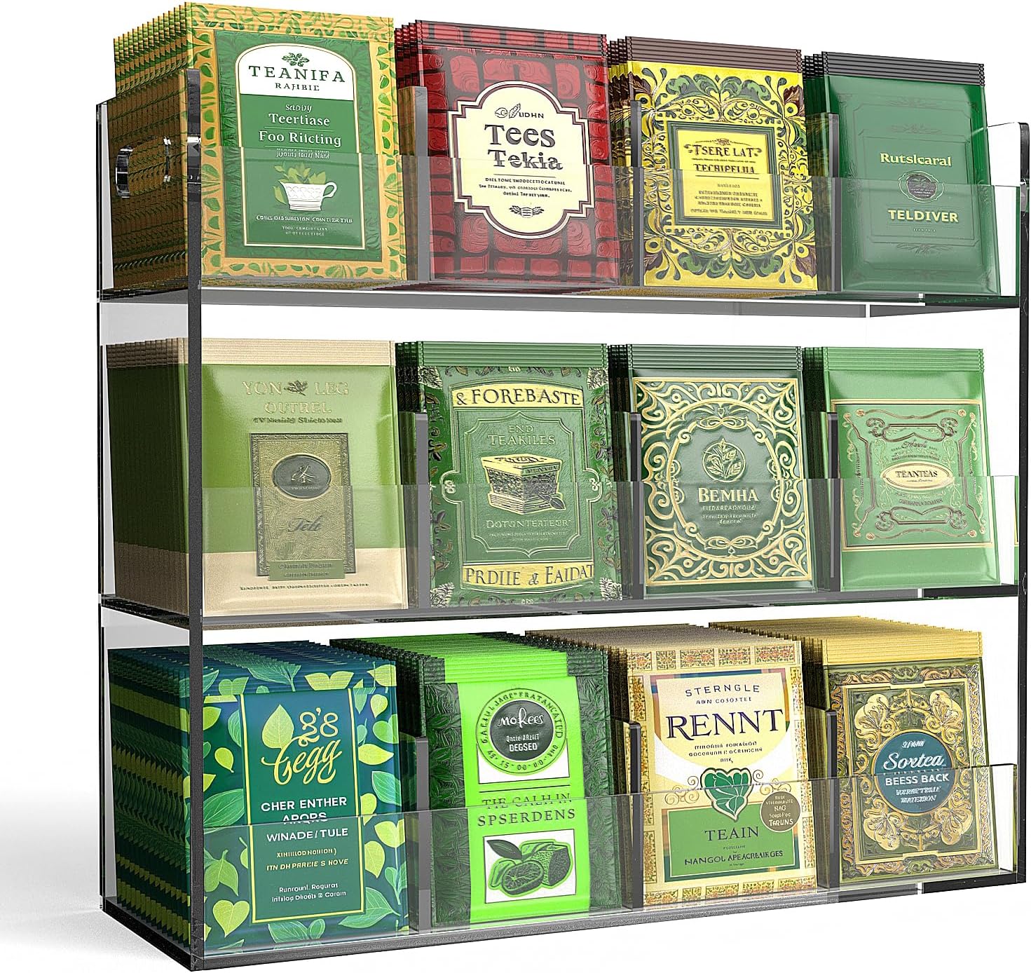 Jumyee 3-Tier Acrylic Tea Bag Organizer Holder, No Assembly Required, Portable Tea Organizers and Storage, Vertical Tea Organizer Counter, Coffee & Tea Station Display Rack for Home Office