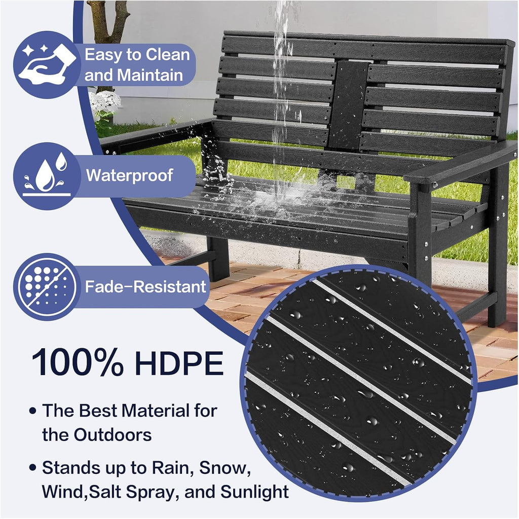 Outdoor Bench Weatherproof - HDPE 2-Person Garden Bench with Cup Holders, Bench Furniture with Backrest and Armrests, 700 lbs Capacity, Patio Park Bench for Front Porch Backyard Park (Black)