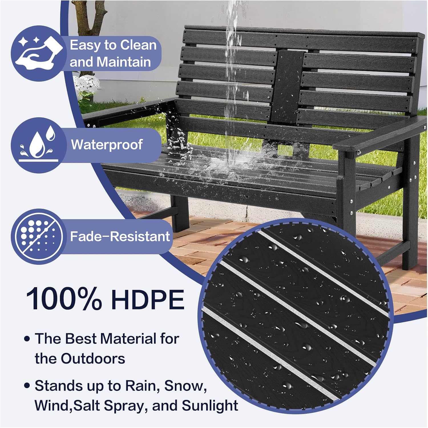 Outdoor Bench Weatherproof - HDPE 2-Person Garden Bench with Cup Holders, Bench Furniture with Backrest and Armrests, 700 lbs Capacity, Patio Park Bench for Front Porch Backyard Park (Black)