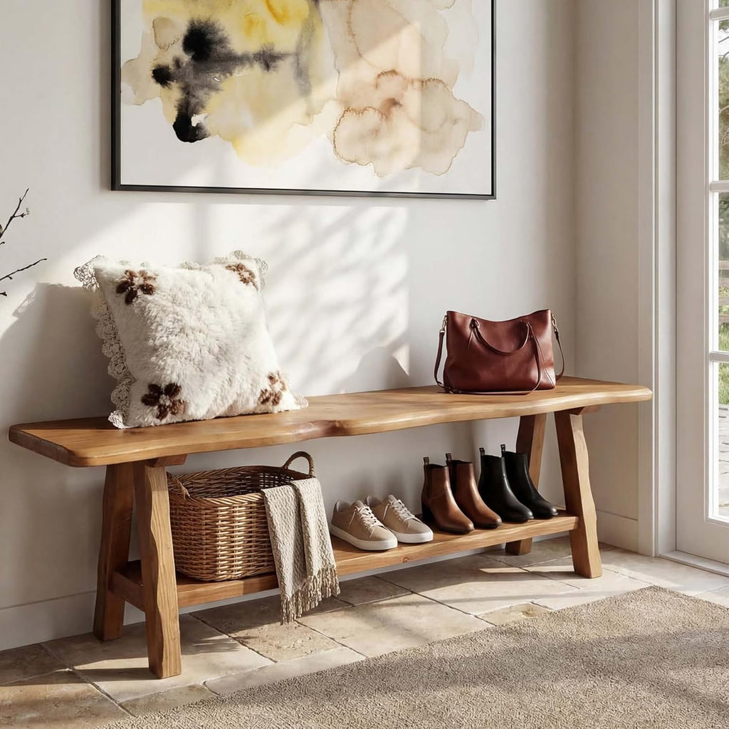 55-Inch Solid Wood Entryway Bench, Farmhouse Long End of Bed Bench with Live-Edge, Indoor Dining Seat for Entrance, Bedroom, Living Room, Dining Room, Easy Assembly, Brown