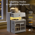 Nightstand with Charging Station and LED Lights, Night Stand with Sliding Top, Wood Modern Bedside End Table with Storage Drawer and Front Storage for Bedroom, White