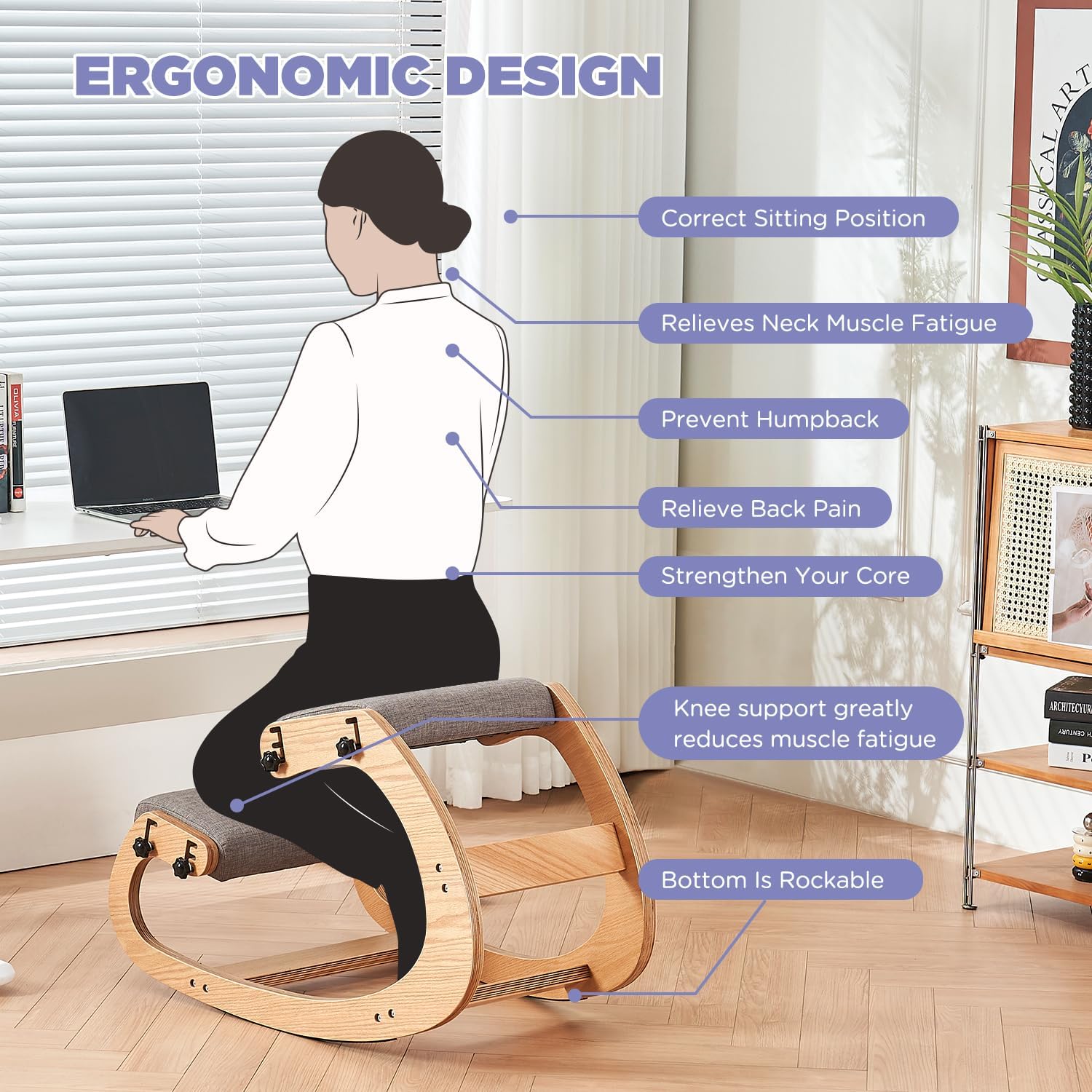 Ergonomic Kneeling Chair,Adjustable Rocking Knee Chair for Home Office,Wooden Office Chair for Back Pain Relief, Grey