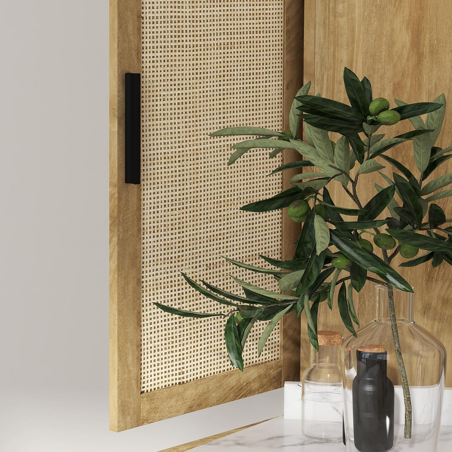 72" Tall Kitchen Pantry Storage Cabinet, Freestanding Buffet with 4 Rattan & Adjustable Shelves, Utility Cupboard Large Sideboard for Kitchen, Dining Room, Natural