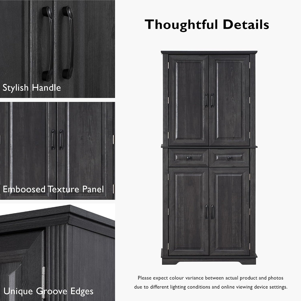 71" Tall Kitchen Pantry Cabinet with 3 Pull Out Cabinet Organizers, Farmhouse Embossed Texture Storage Cabine with 6 Door Shelves, 2 Drawers, Freestanding Cupboard for Kitchen, Dining Room (Black)
