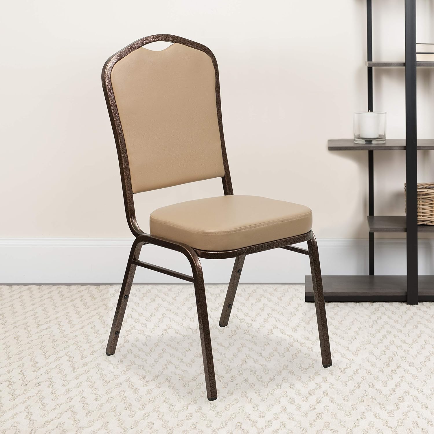EMMA + OLIVER 4 Pack Crown Back Stacking Banquet Chair in Tan Vinyl - Copper Vein Frame