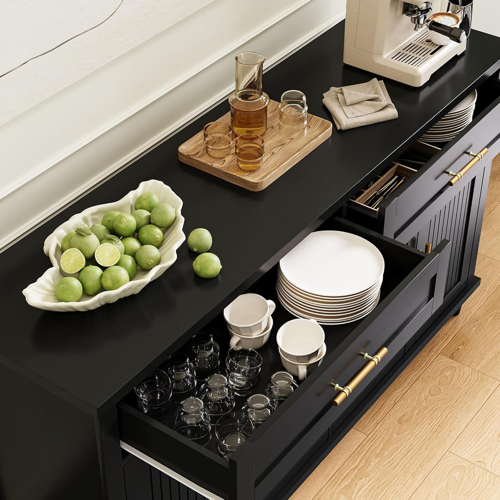 58 Inch Sideboard Buffet Cabinet with Storage, Fluted Buffet Storage Cabinet with 2 Drawers and 4 Doors, Modern Coffee Bar with Adjustable Shelves for Living Room, Kitchen (Black)