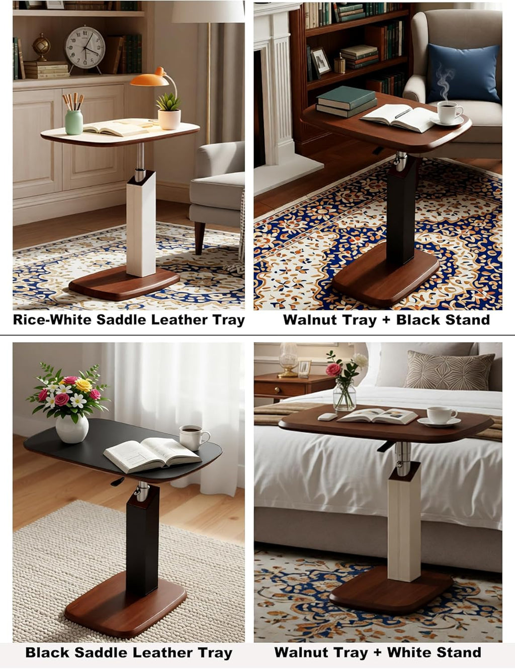 Tray Table with 360° Swivel, Adjustable Height Sofa Laptop Desk, C-Shaped Side Table with Wheels, Multi-Functional End Table for Living Room, Bedroom, Hospital (Walnut Tray + Black Stand)