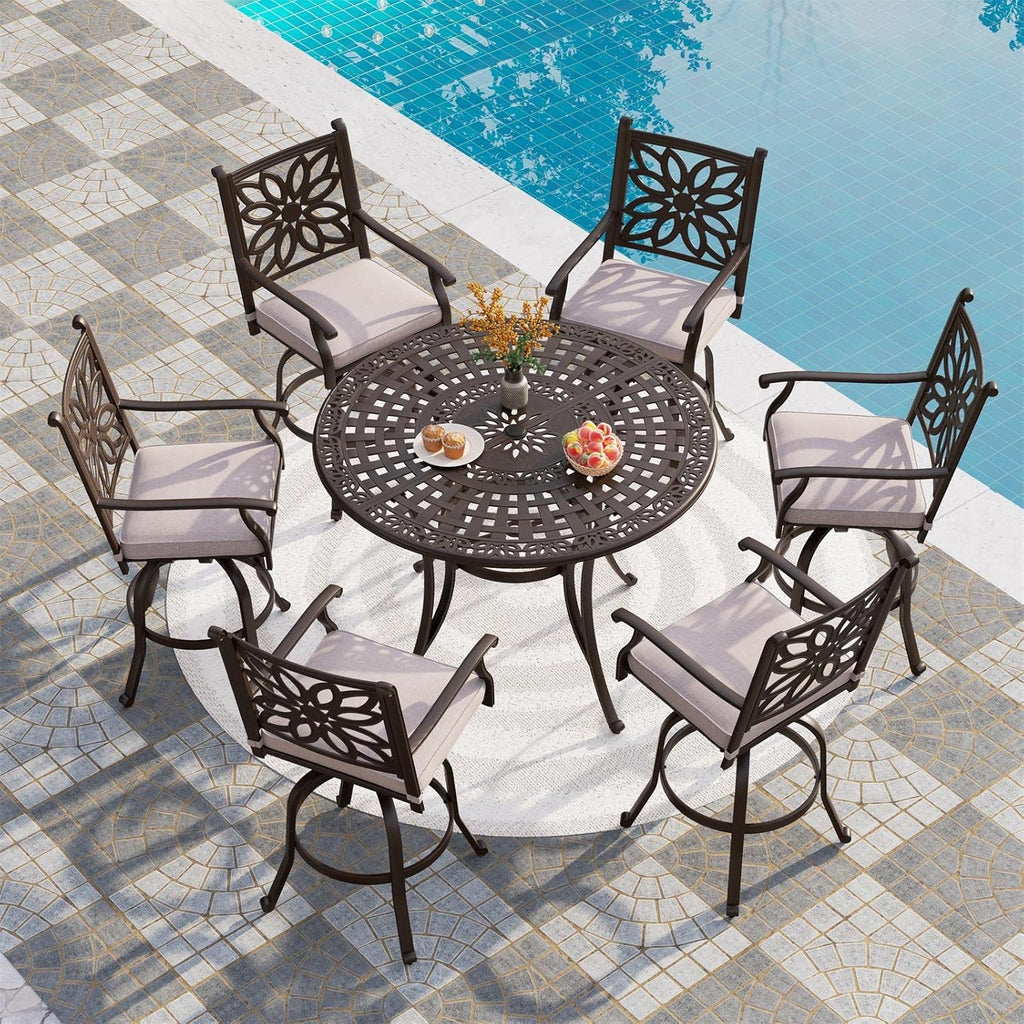 PHI VILLA Outdoor Swivel Bar Stools Set of 4, Cast Aluminum Patio Bar Height Chairs with Seat Cushion, All-Weather Bar Dining Chairs Metal Bistro Chairs
