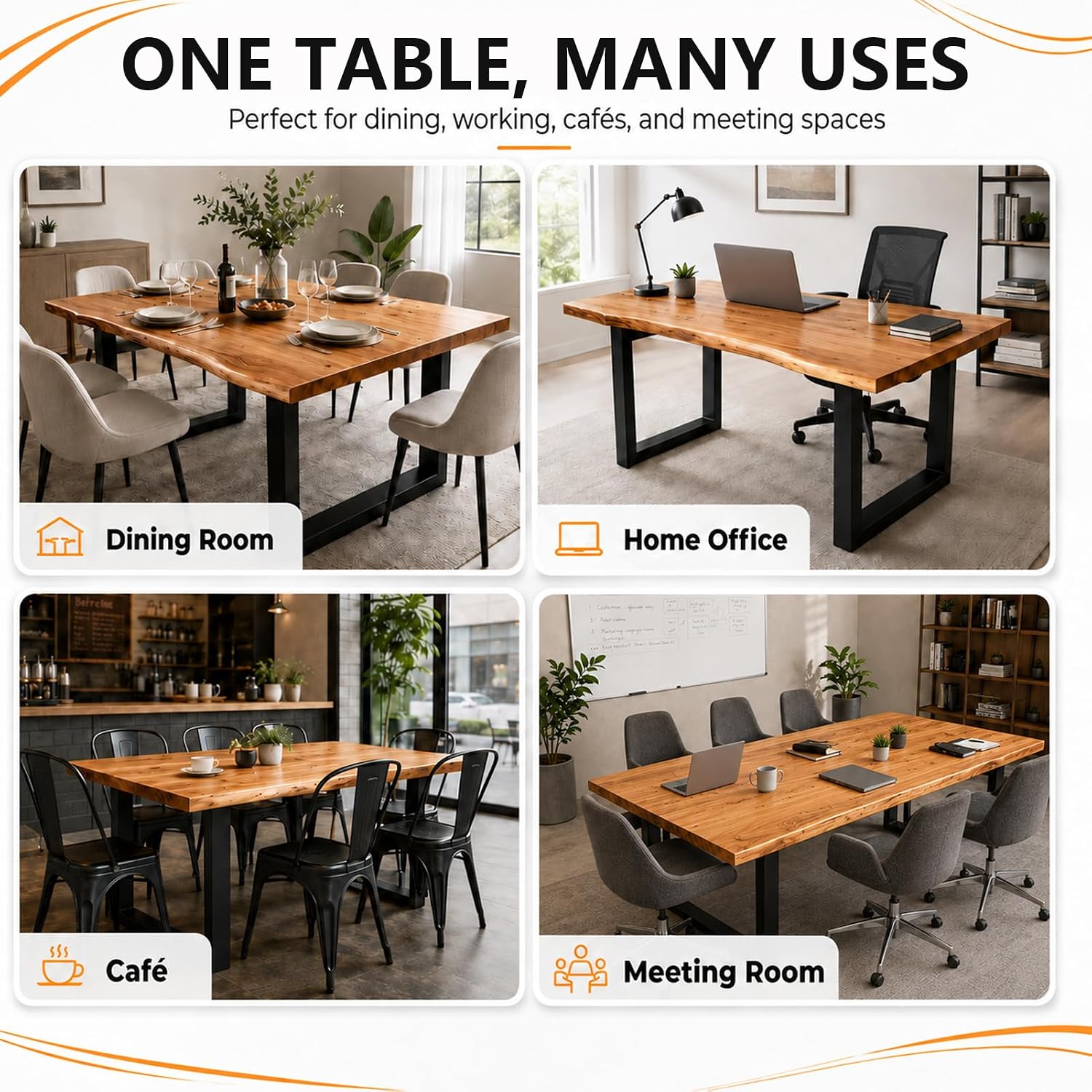 Farmhouse Live Edge Dining Table, Solid Wood Dining Table with 2" Table Top & Metal Base, Wood Slab Industrial Live Edge Desk for Kitchen & Dining Room 2,4,6 People (63 * 31.5 * 29.5IN)