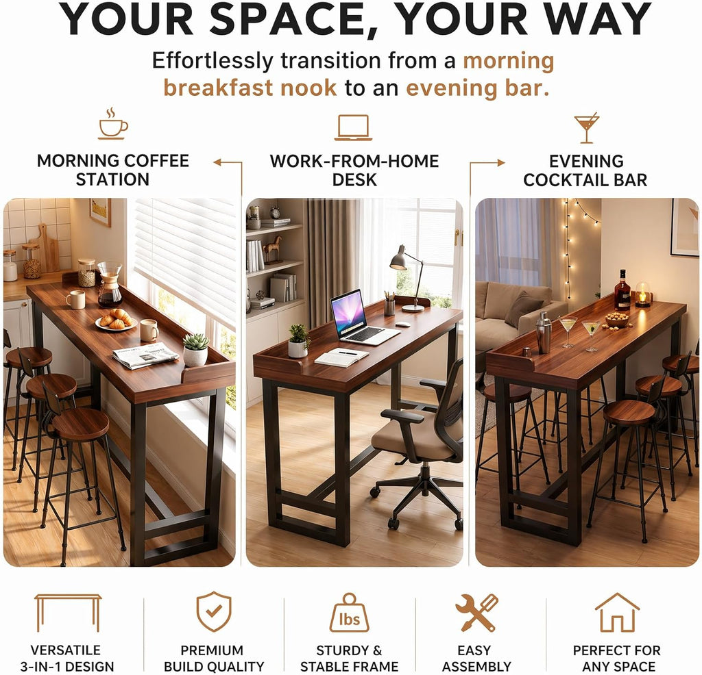 Narrow Bar Table with Edge Panel, Bar Height Tables Solid Wood, Industrial Rectangular Counter Height Table, Long Pub Tables for Small Space Living Room, Behind Couch or Coffee Shop
