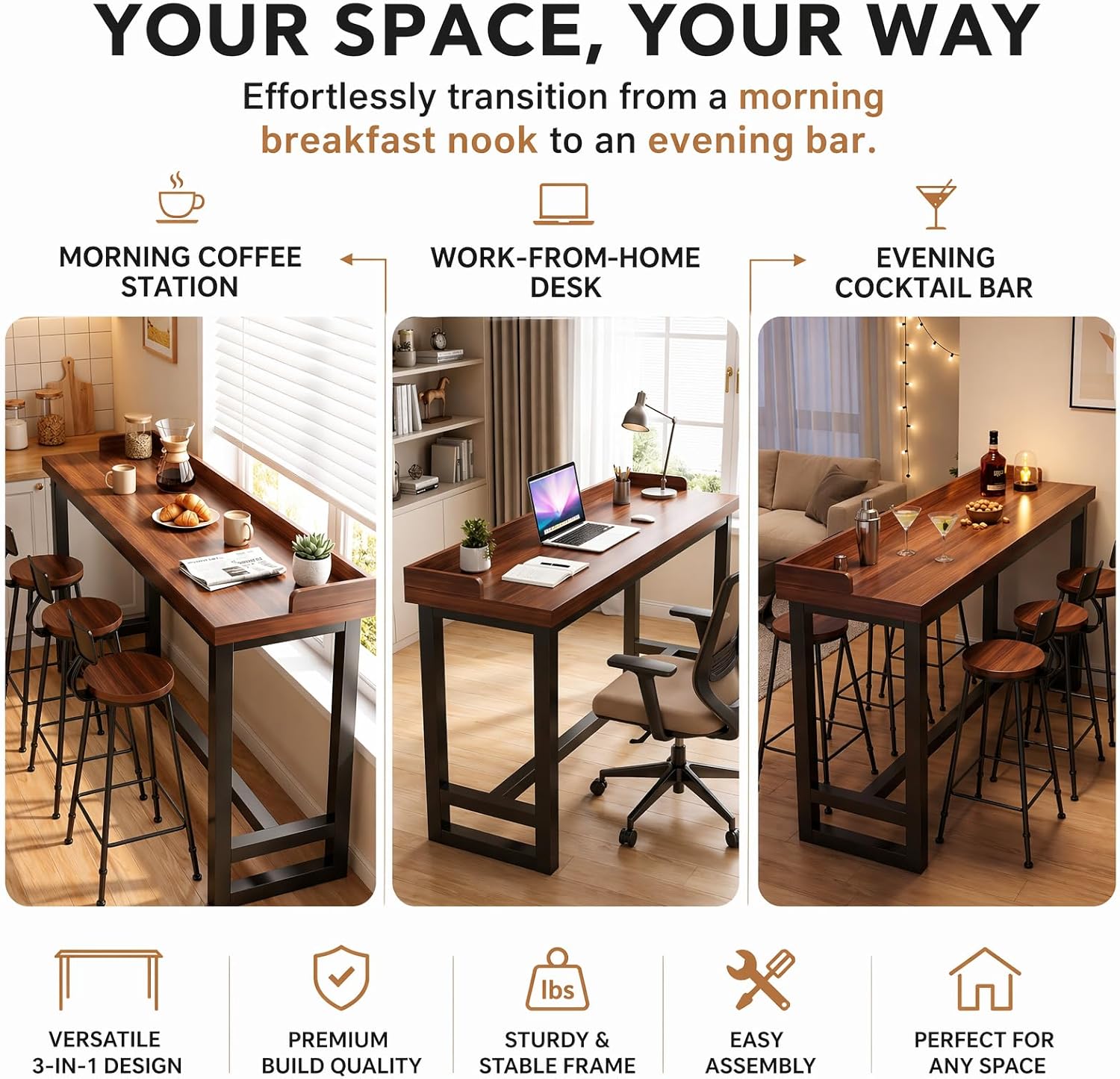 Narrow Bar Table with Edge Panel, Bar Height Tables Solid Wood, Industrial Rectangular Counter Height Table, Long Pub Tables for Small Space Living Room, Behind Couch or Coffee Shop