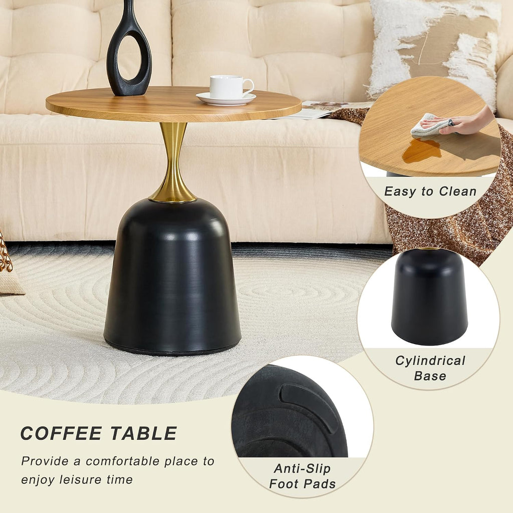 Modern 23.6" Round End Table, Wood Grain Side Table with Heavy-Duty Metal Base, Small Coffee Table for Living Room, Minimalist Nightstand for Bedroom, Simple & Sturdy Bedside Table (Wood)