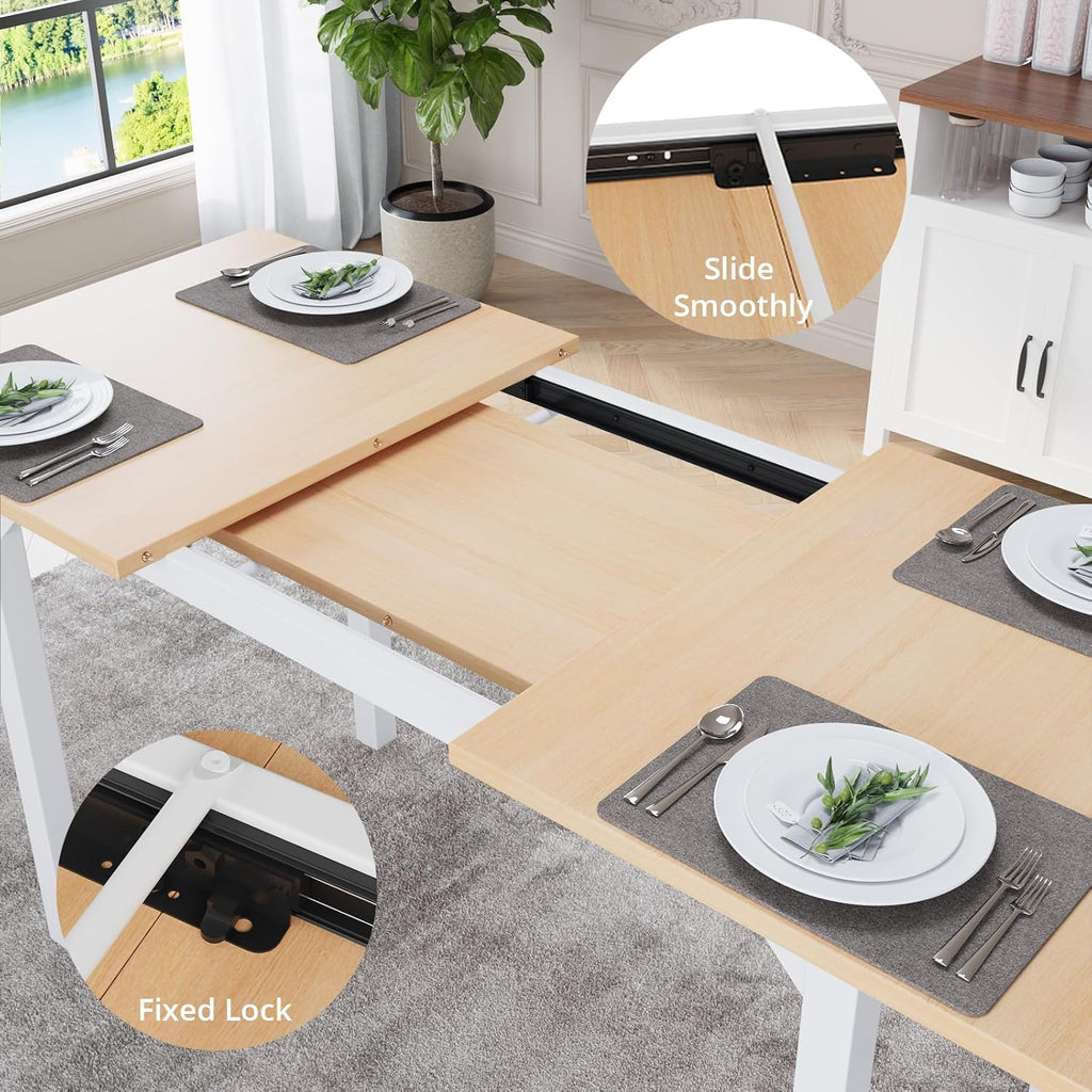 VOWNER 63” Extendable Dining Table Set for 4-6 People, 5-Piece Dining Table Set for 4 People with 4 Chairs, Kitchen Table Set with MDF Board and Metal Frame, for Small Space, Apartment, Nature Wood