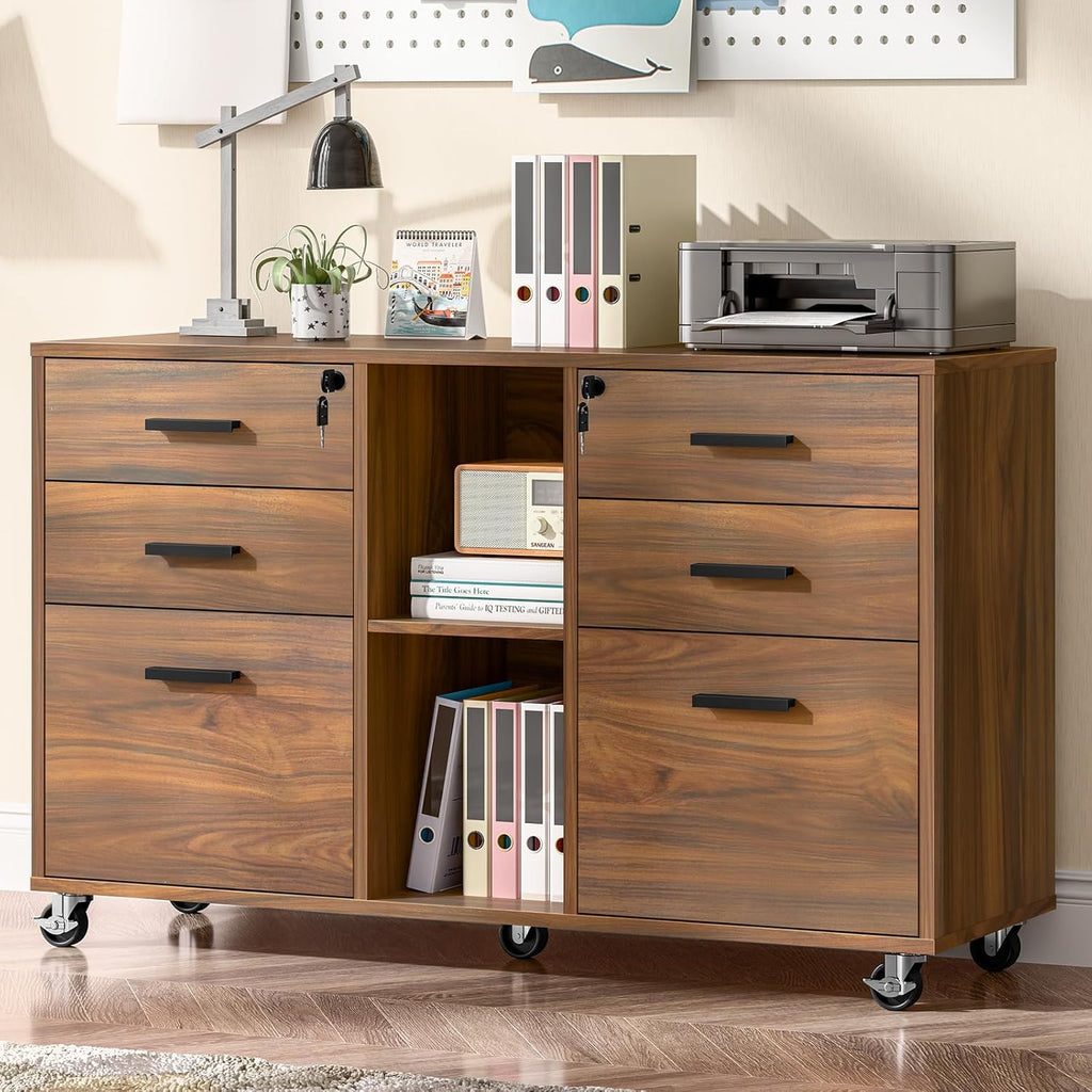 Halitaa Lateral File Cabinet with Lock, Large Mobile Storage Filing Cabinet with 6 Drawers Fits Files Letter/A4 Size, Rolling Printer Stand with Open Storage Adjustable Shelf for Home Office, Brown