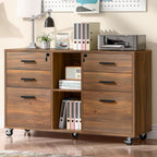 Halitaa Lateral File Cabinet with Lock, Large Mobile Storage Filing Cabinet with 6 Drawers Fits Files Letter/A4 Size, Rolling Printer Stand with Open Storage Adjustable Shelf for Home Office, Brown