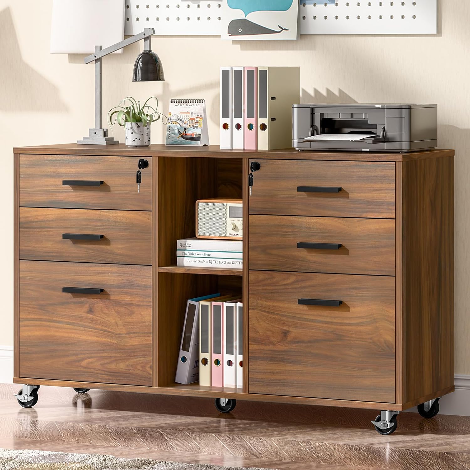 Halitaa Lateral File Cabinet with Lock, Large Mobile Storage Filing Cabinet with 6 Drawers Fits Files Letter/A4 Size, Rolling Printer Stand with Open Storage Adjustable Shelf for Home Office, Brown