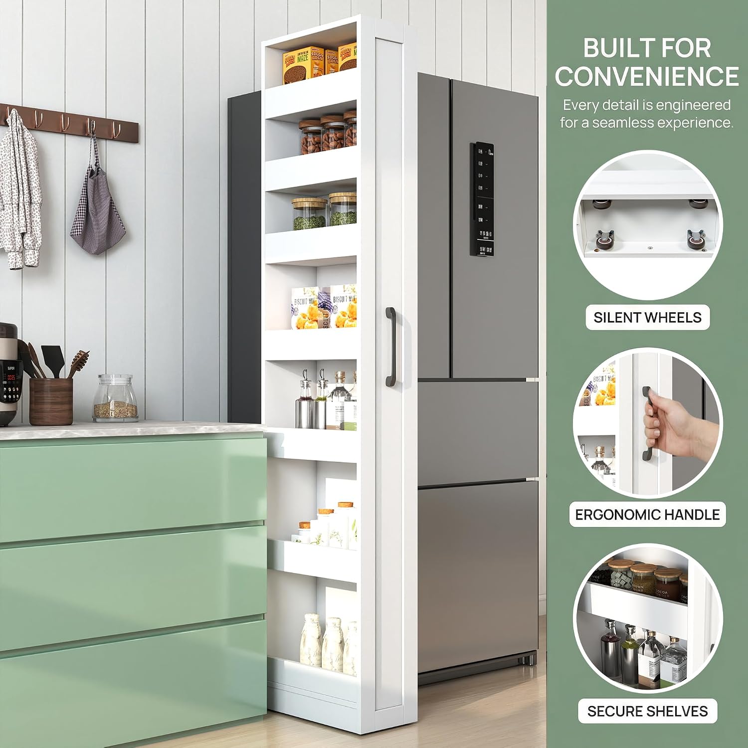 7 Tier Multi-Functional Pull-Out Storage Cart, Single-Sided Open Shelf, Slim Kitchen & Living Room Organizer, Narrow Space Storage with Handle & Wheels, Pantry Shelf for Small Spaces, White