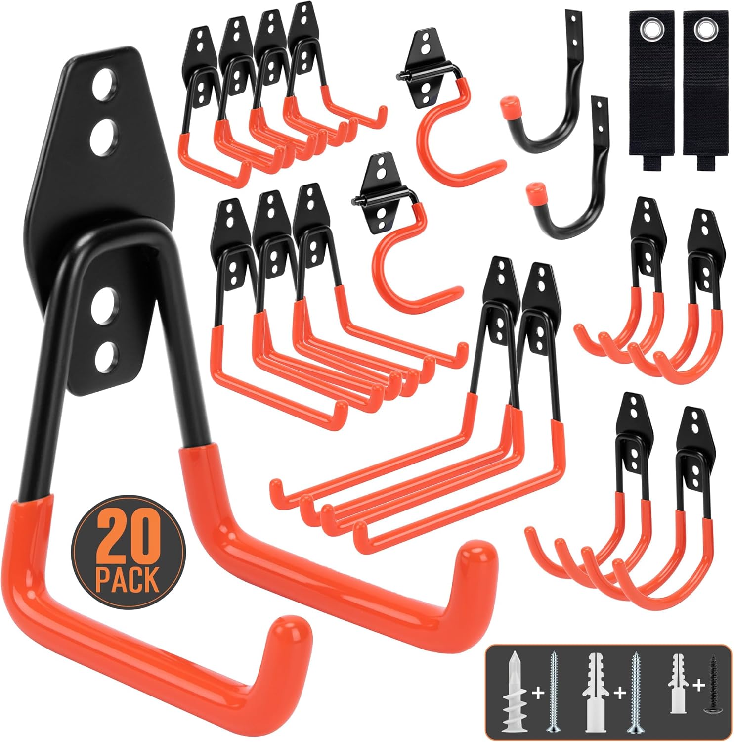 TONDA Garage Hooks, 20 Pack Garage Organization, Wall Storage Hooks Heavy Duty for Hanging Bike, Ladder, Garden Tools, Hose and Ropes, Orange