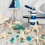 JQAQJU 8PCS Starfish & 9OZ Green Sea Glass Decor for Crafts, Frosted Seaglass Pieces & Starfish, Beach Glass for Crafts Wedding DIY Crafting Ornaments Christmas