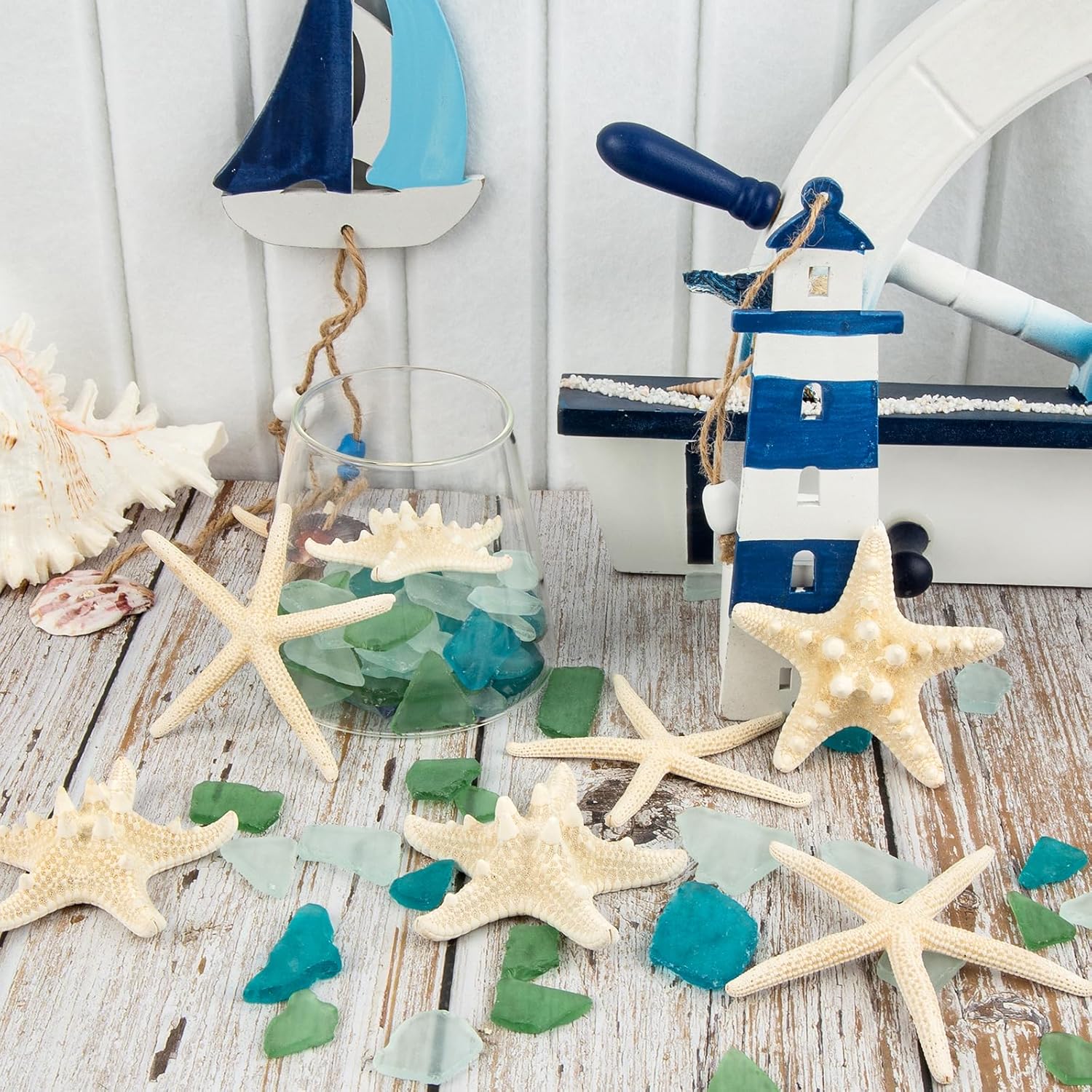 JQAQJU 8PCS Starfish & 9OZ Green Sea Glass Decor for Crafts, Frosted Seaglass Pieces & Starfish, Beach Glass for Crafts Wedding DIY Crafting Ornaments Christmas