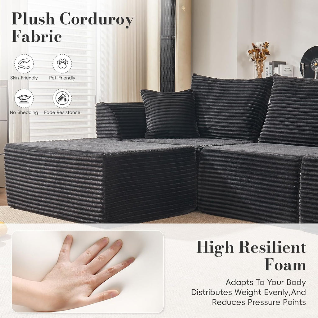 130" Modular Sectional Sofa,Modular Cloud Sofa,U-Shaped Cloud Couch with High-Density Foam & Corduroy Fabric,Boneless Couch Deep Seat Couch for Living Room Apartments Bedroom No Assembly Required ﻿