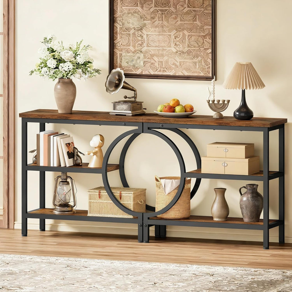 Hoctieon Console Table Set of 2, 3-Tier Industrial Entryway Table with Storage, Hallway Tables, Narrow Entrance Sofa Tables,Accent Tables with Shelves for Living Room, Foyer, Rustic Brown