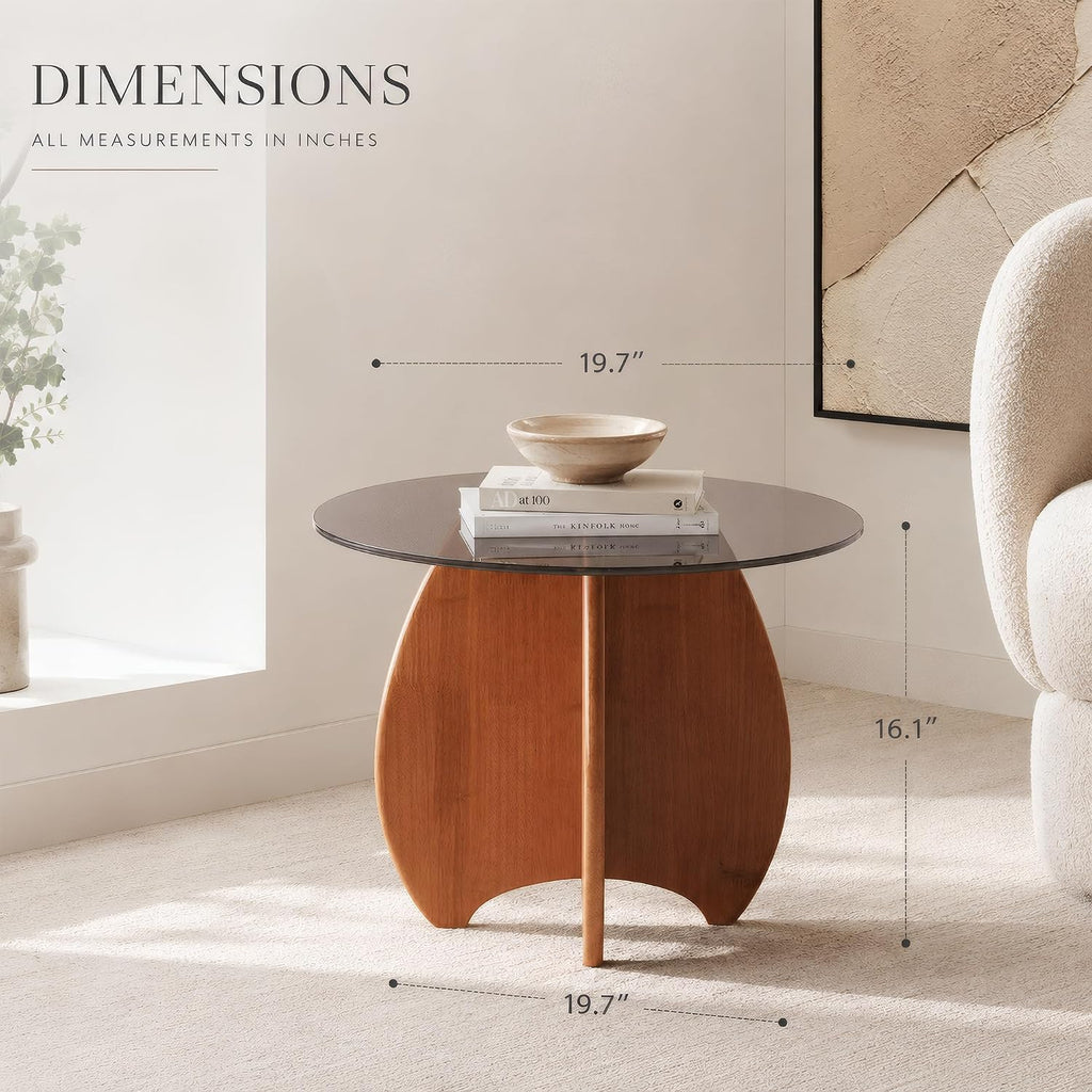 Modern Round Side Table for Living Room, 19.7" Glass Top End Table | Coffee Table with Walnut Rubber Wood Sculptural Petal Base for Living Room Sofa Corner Bedroom