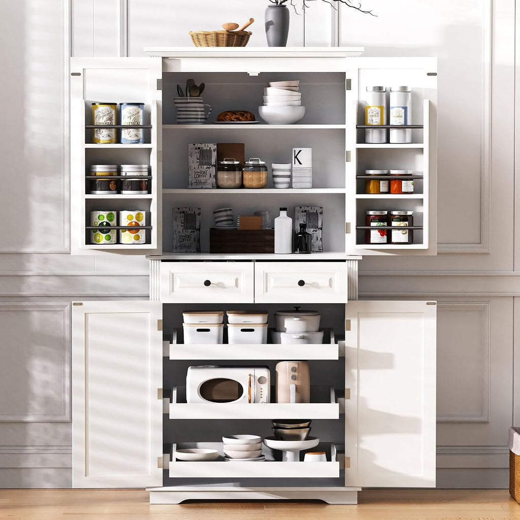 71" Tall Kitchen Pantry Cabinet with 3 Pull Out Cabinet Organizers, Farmhouse Pantry Storage with 6 Door Shelves, 2 Drawers, Freestanding Cupboard for Kitchen, Dining Room White