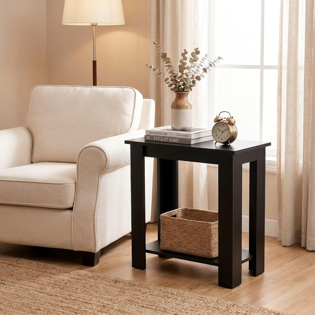 Tangkula 2-Tier Wooden Narrow End Table, Open Storage Side Nightstand, Retro Space Saving Sofa Accent Table for Living Room Bedroom, Easy Assembly (Black,2)