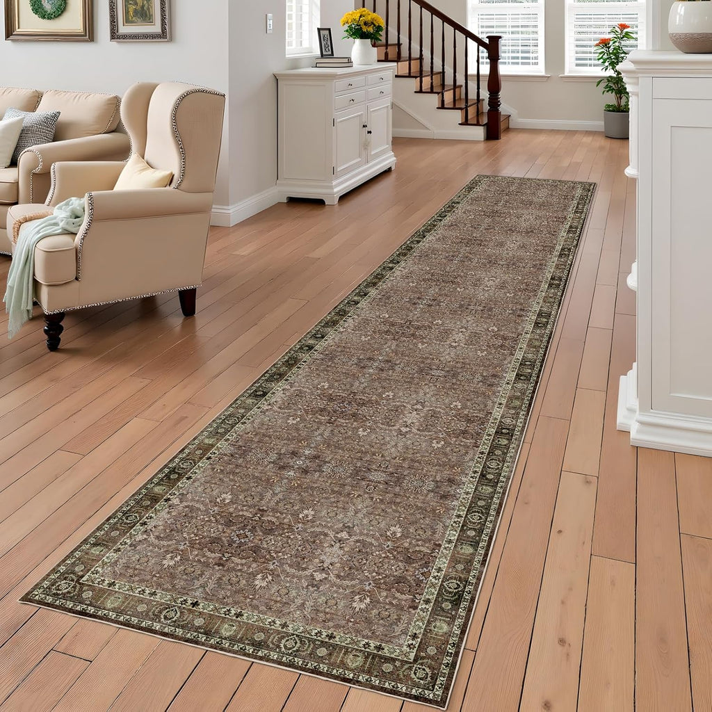 Washable Runner Hallway Rug,Low Pile 2x6 Non Slip Non-Shedding Kitchen Carpet Soft Indoor Stain Resistant Rug for Bedroom Laundry Room Bathroom Brown Floral