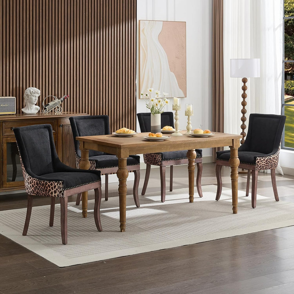 ODUSE-DAILY Dining Chairs Set of 4, Kitchen & Dining Room Chairs, Leopord Fabric Upholstered Dinning Chairs, Sillas De Comedor, Nailhead Trim, Wood Legs (Leopord, 4 Pcs)