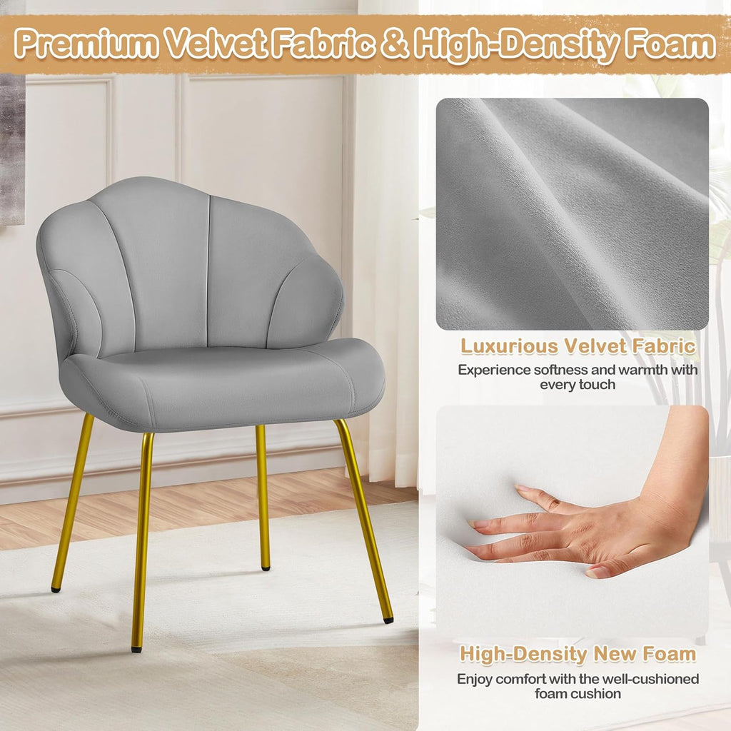 Yaheetech Vanity Chair, Velvet Accent Chair with Shell-Shaped Backrest, Modern Armchair with Gold Metal Legs for Dressing Room/Bedroom/Living Room, Light Gray