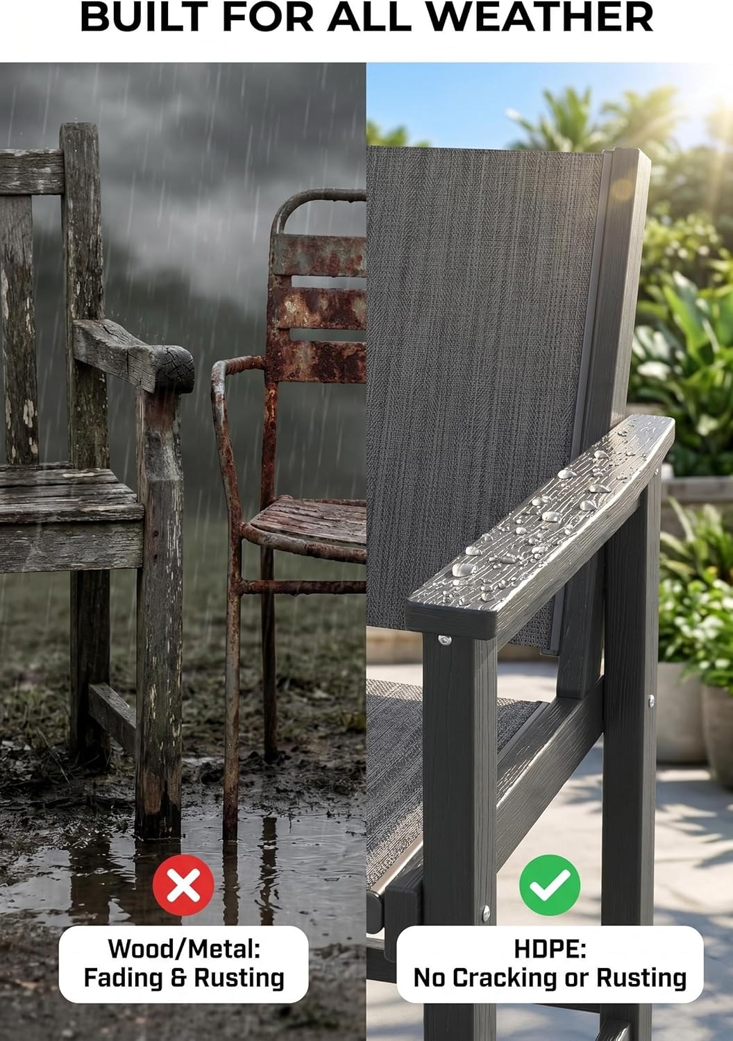 Amopatio Patio Dining Chairs HDPE Plastic Outdoor Chair with Wide Seat All Weather UV Resistant Heavy Duty Resin Patio Chairs for Poolside Garden Porch Backyard Balcony & Deck(1PCS)