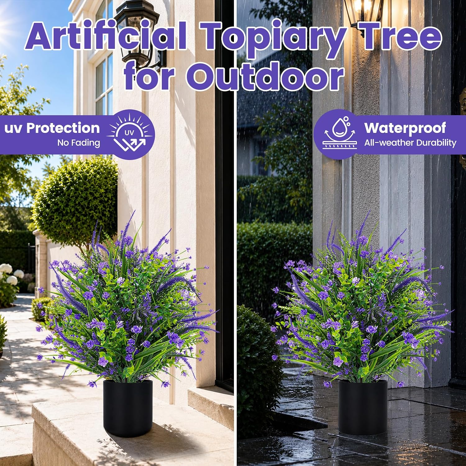 Artificial Lavender Flower Topiary Trees for Front Door UV Resistant Faux Outdoor Potted Plants, Spring Summer Greenery Fake Bushes for Front Door Farmhouse Garden Porch Outdoor Decor (Purple Flower)