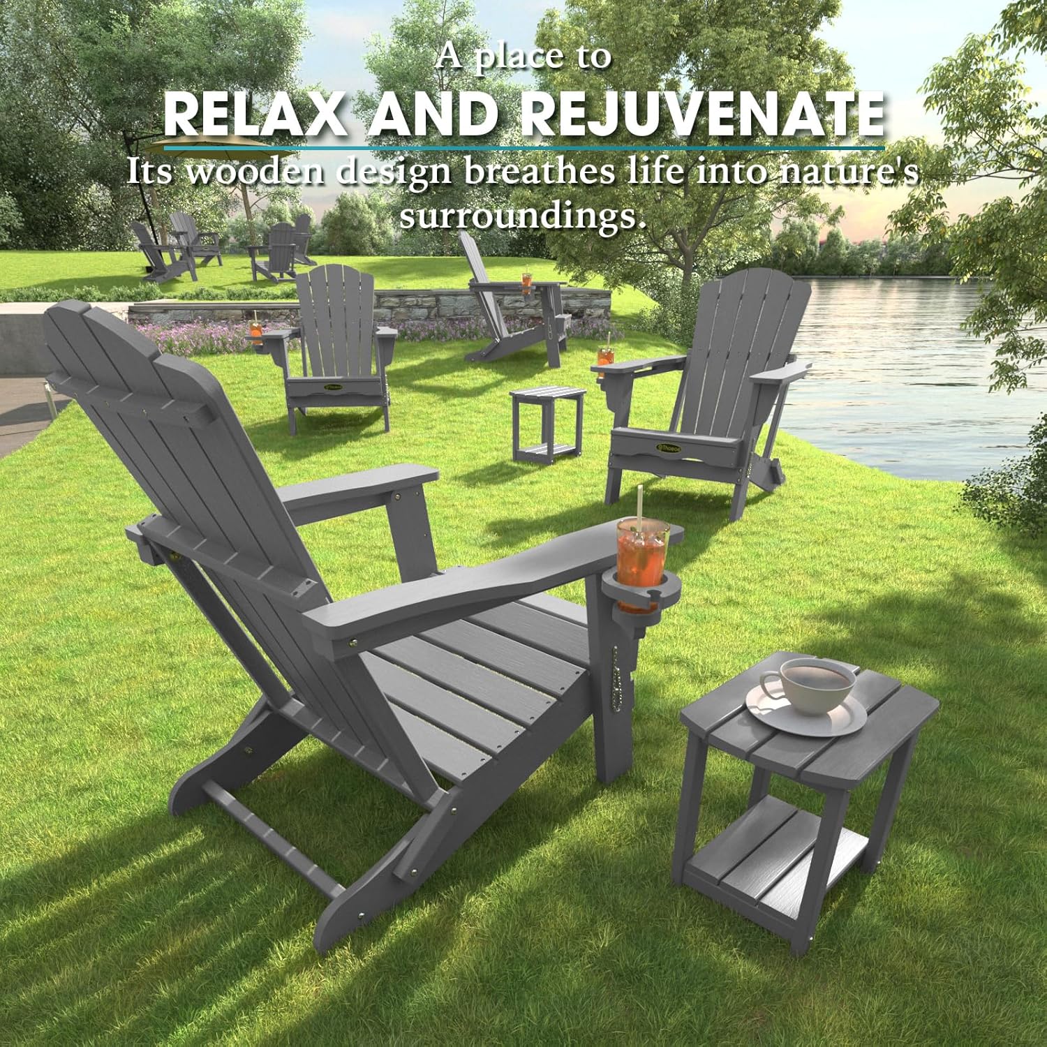 THOEOE Folding Adirondack Chair,HDPE All-Weather Outdoor Chair with Cup Holder,Wooden Textured,Fire Pit Chair,Plastic Patio Chair for Deck,Backyard,Garden,Lawn, Grey