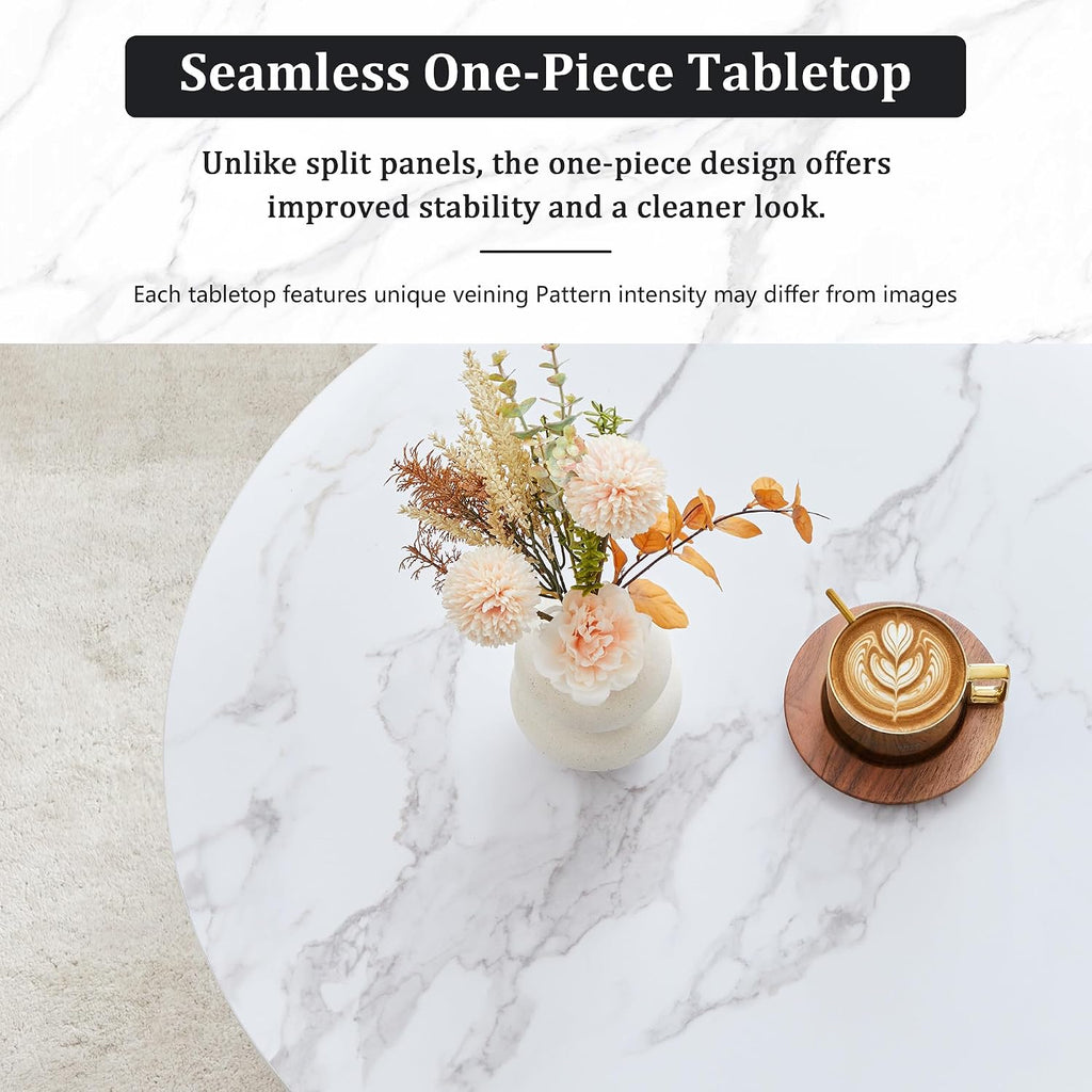 LEVNARY 2-Piece Round Coffee Table Set, 31.5" Coffee Table & 15.78" End Table, Marble-Look Top, Scalloped Fluted Base, Modern Living Room Table Set with Engineered Wood (White)