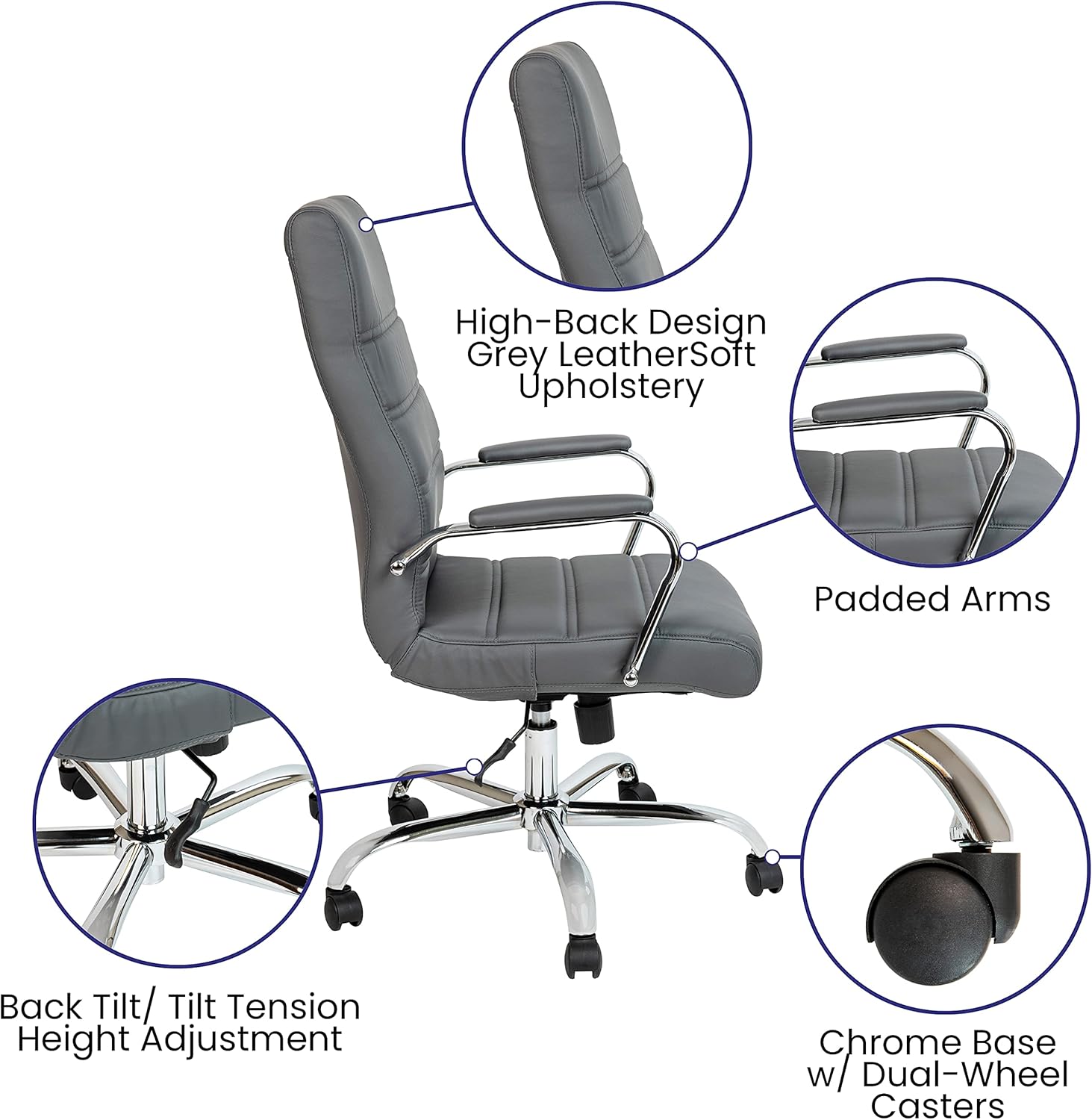 EMMA + OLIVER Faux Leather High-Back Swivel Home Office Desk Chair with Wheels, Padded Seat, and Armrests, Adjustable Height Multipurpose Office Chair, Gray/Chrome