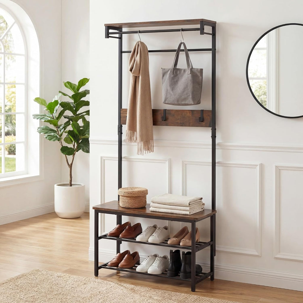 COSTWAY Hall Tree with Bench and Shoe Storage, 4-in-1 Entryway Organizer with 6 Removable Hooks, Top Shelf & Hanging Rod, Industrial Coat Rack for Mudroom Entrance Bedroom Living Room, Rustic Brown