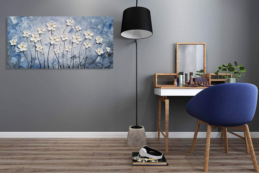 YHSKY ARTS Floral Canvas Wall Art Hand Painted Blue and White Heavy Textured Painting Modern Abstract Flower Pictures Contemporary Artwork for Living Room Bedroom Office Decoration
