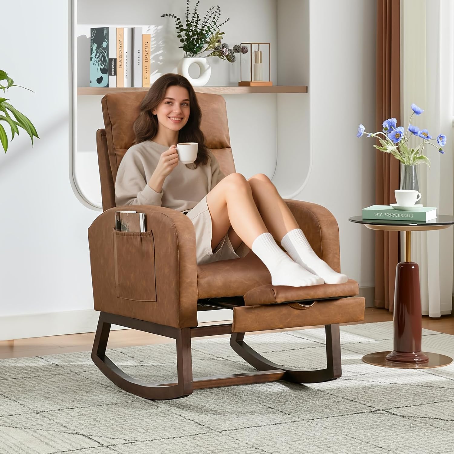GarveeLife Nursery Rocking Chair,300lb Glider Chair with Solid Wood Legs/Two Side Pockets,PU Upholstered Glider Rocker with Footrest High Backrest for Living Room/Bedroom/Nursery
