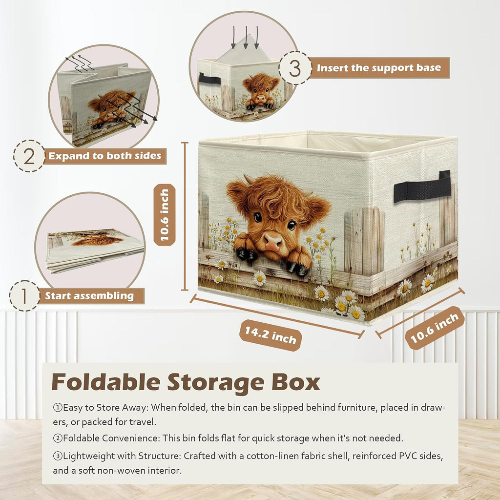 Farmhouse Highland Cow Storage Box Bins, Rustic Daisy Floral Heifer Collapsible Storage Basket Organizer for Girls Bedroom Laundry Room Home Clothes Books, Decor for Room
