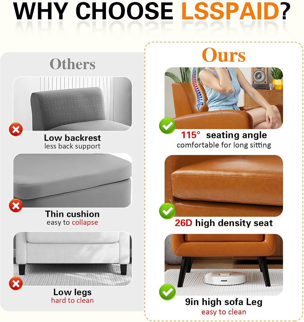LSSPAID Accent Chair, Modern PU Leather Living Room Chairs, Comfy Upholstered Armchairs Single Sofa Chair with Solid Wood Legs for Apartment, Office, Brown