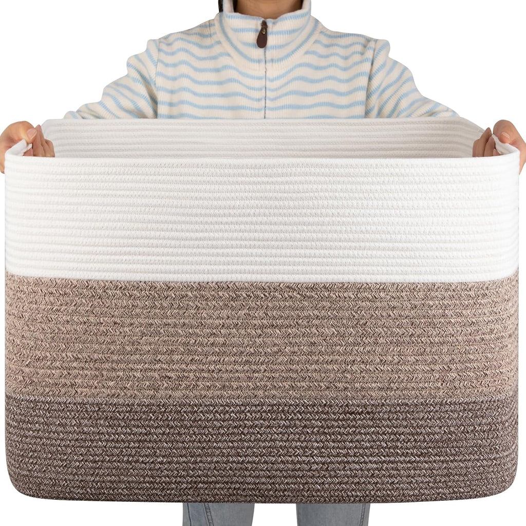 OIAHOMY 108L Super Large Blanket Basket, 25”x16”x16”(108L) Rectangle Woven Baskets for Storage, Cotton Rope Basket For Living Room, Toy Storage with Handle- Gradient Dark Brown