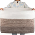 OIAHOMY 108L Super Large Blanket Basket, 25”x16”x16”(108L) Rectangle Woven Baskets for Storage, Cotton Rope Basket For Living Room, Toy Storage with Handle- Gradient Dark Brown