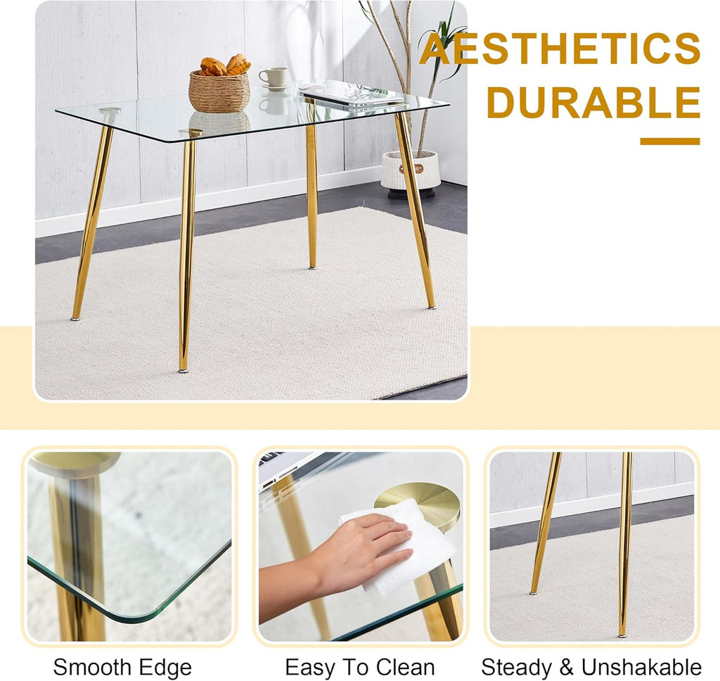 Baysitone 63" Modern Glass Dining Table with 4 Green Velvet Dining Chairs, Gold Metal Legs - Stylish 5-Piece Dining Set for Home