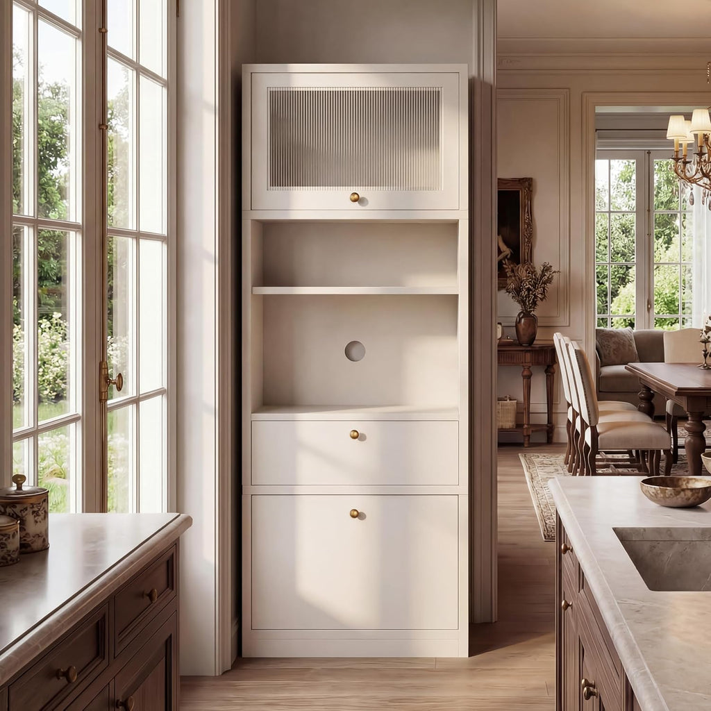 71" Tall Pantry Cabinet, Freestanding Storage Cabinet with Doors and Adjustable Shelves, Drawer & Anti-Tip Kit, E1-Grade Wood, Warm White for Kitchen Pantry Bathroom Storage