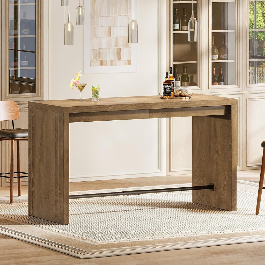 Tribesigns Bar Table, 63-Inch Modern Counter Height Pub Table with Metal Footrest, Rectangular High Bar Dining Table, Home Bar Unit for Kitchen, Dining Room, Living Room, Bistro, Brown