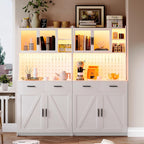 LED Kitchen Pantry Cabinet with Outlets, Farmhouse Storage Cabinet with Drawers & Adjustable Shelves, Cupboard with Pegboard and Hooks for Dining Room (White)