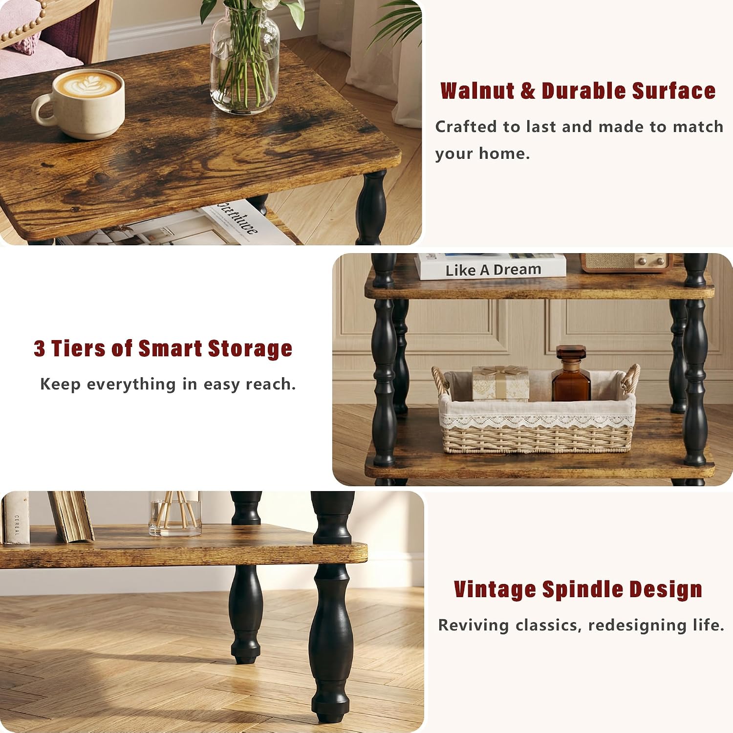 Side Table, 3-Tier Small End Table, Modern Oval Night Stand Accent Table for Living Room, Bedroom, Rustic Brown